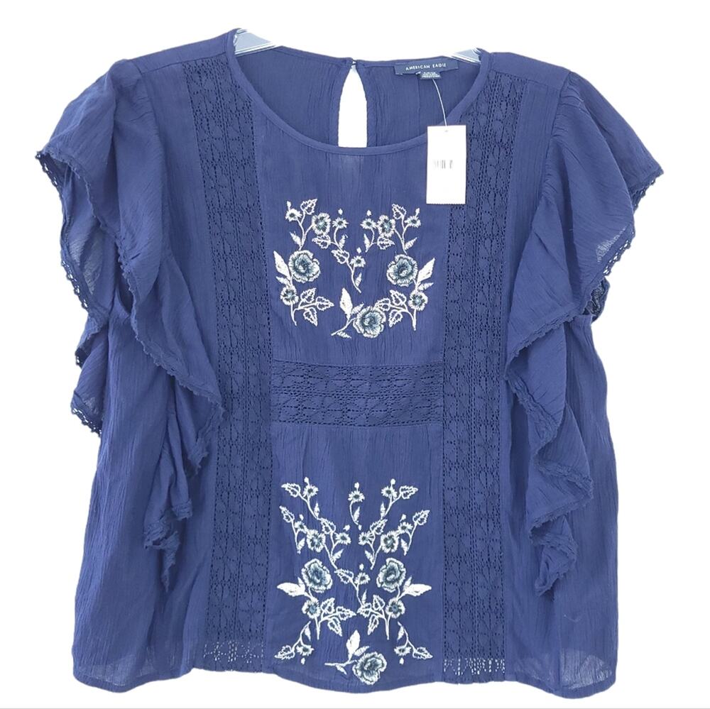 NEW American Eagle Top Small Navy Blue Boho Embroidered Short Sleeve Festival